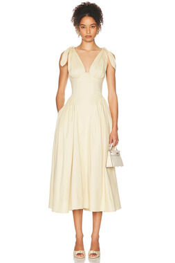 Helsa Fairweather Midi Dress in Stretch Cotton Sateen in Hay